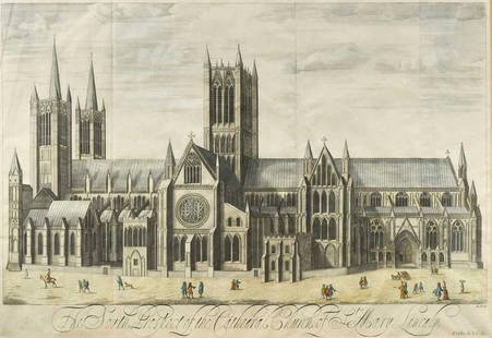 James Collins: James Collins The South Prospect of the Cathedral Church of St Mary, Lincoln folded engraving with hand colour, c.1715, 48 x 70cm