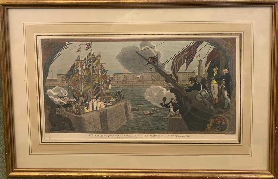 V Woodthorpe after Burney: V Woodthorpe after Burney A View of the Opening of the London Docks Wapping on the 31st of January 1805 coloured engraving, 23 x 44cm; J Skrimshire after James Ward Regent's Park aquatint, 28.3 x 39.2