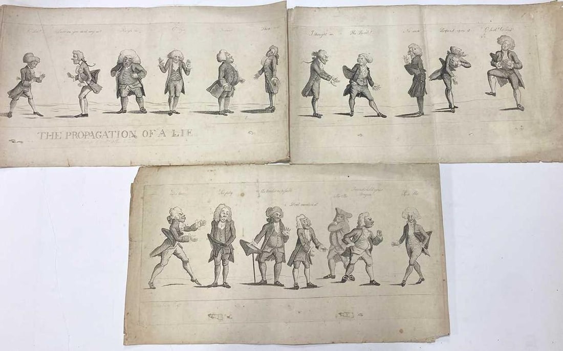 William Dickinson after Henry Bunbury: William Dickinson after Henry Bunbury The Propagation of a Lie, stipple engraving on three joined sheets, 1787, showing 18 male figures each with a descriptive caption, 28 x 177cm