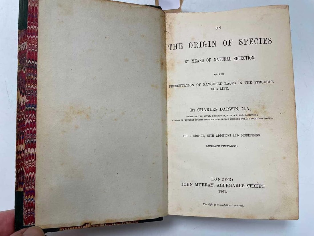 DARWIN (Charles): DARWIN (Charles) On the Origin of Species, 3rd edition, 7th thousand, London: John Murray 1861, 8vo, folding diagram, title very slightly cut at head with offset pale lettering stains, lacking half-ti