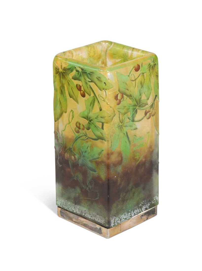 A Daum Nancy pâte de verre cameo glass vase, the square-section cased glass body in mottled (1 of 6)