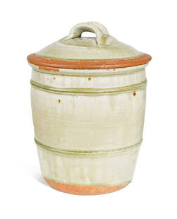 § Richard Batterham, a large green ash-glazed bread crock, the stoneware body decorated with: § Richard Batterham, a large green ash-glazed bread crock, the stoneware body decorated with horizontal bands 27cm high; together with six green ash-glazed stoneware bowls, and an iron-glazed twi