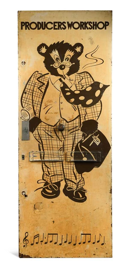 § Humphrey Ocean RA (1951-), a painted Producers' Workshop Studio Door, 1980s, decorated with: § Humphrey Ocean RA (1951-), a painted Producers' Workshop Studio Door, 1980s, decorated with Jonathan Rowlands' Teddy Bear logo above a line of musical notation, monogrammed HO to the bear's sat