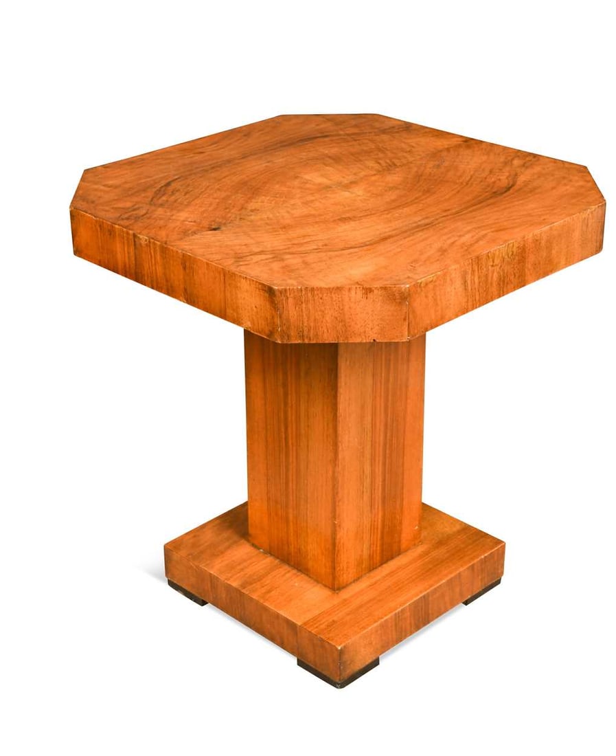 An Art Deco walnut pedestal table, circa 1930, the square top with central pedestal support, plinth (1 of 1)