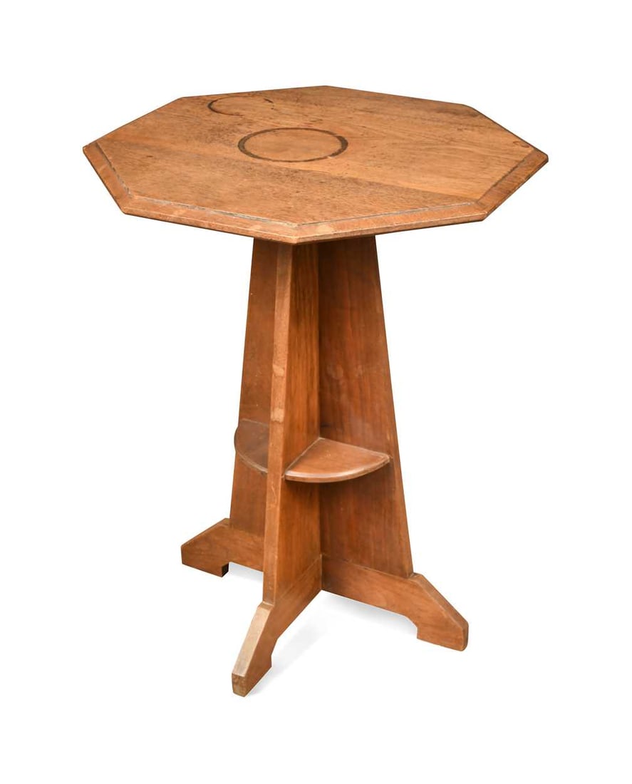 An Art Deco walnut occasional table, the octagonal top on spreading cruciform support and shaped (1 of 1)