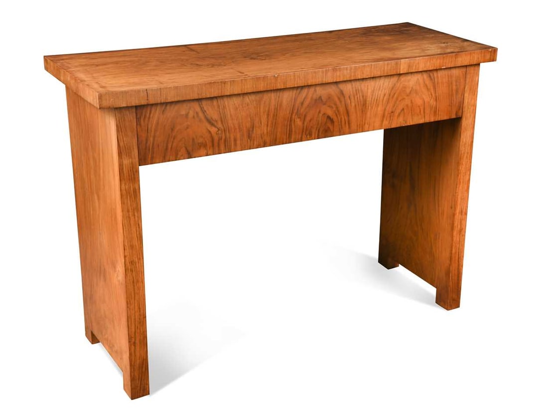 An Art Deco walnut console table, with single full-width frieze drawer on solid end supports 76 x: An Art Deco walnut console table, with single full-width frieze drawer on solid end supports 76 x 107 x 40cm