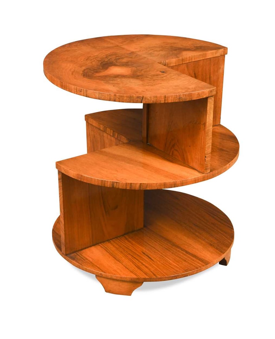 An Art Deco walnut segmented occasional table, with three-quarter circular tiers and open shelves (1 of 2)