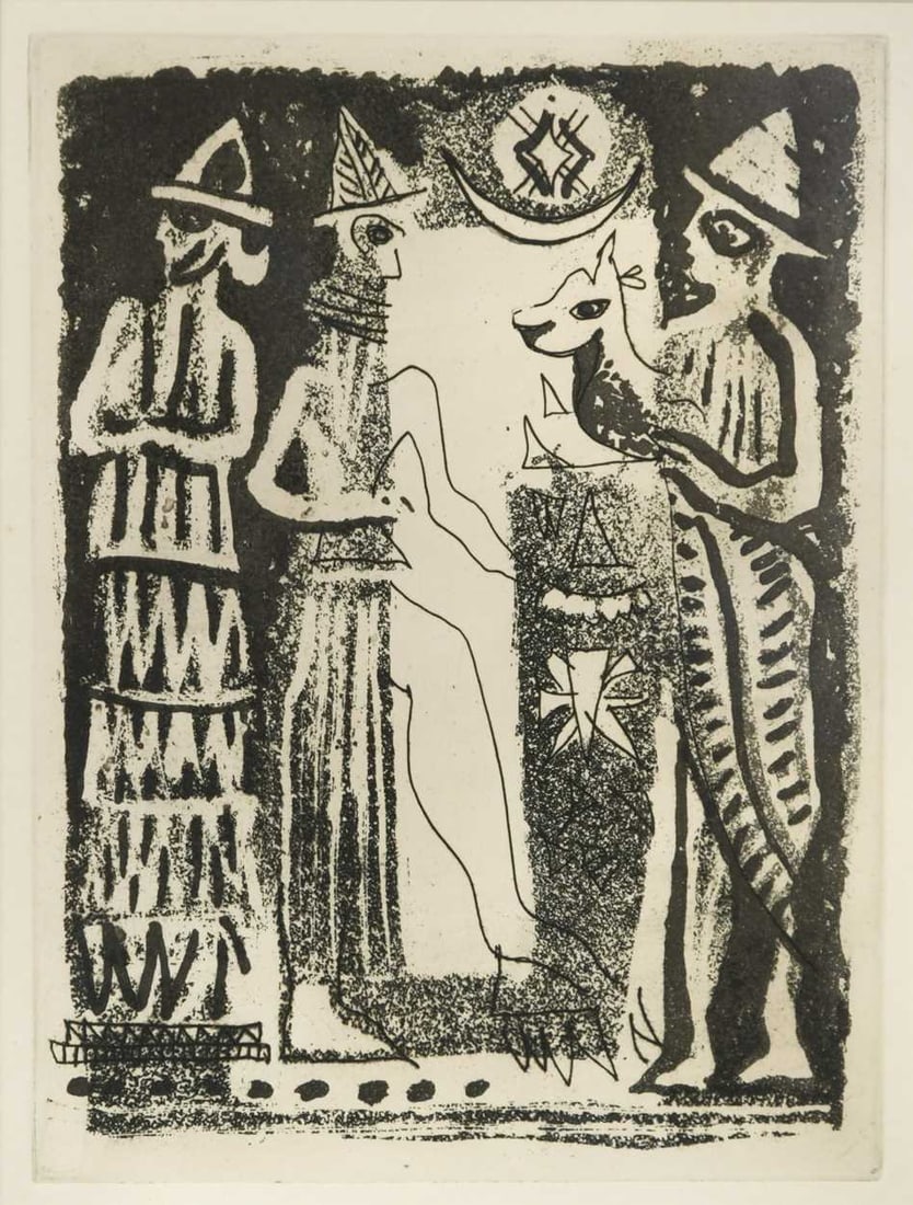 § John Piper OM, CH (1903-1992) Figures From a Seal, 1955; the frontispiece to John Piper,: § John Piper OM, CH (1903-1992) Figures From a Seal, 1955; the frontispiece to John Piper, Paintings, Drawings & Theatre Designs 1932-1954, published by Faber & Faber in 1955 etching and aquatint