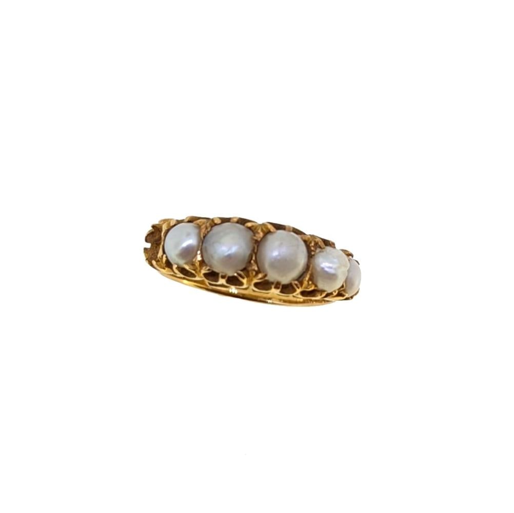 A late Victorian 18ct gold pearl ring, five pearls (one lacking), from approximately 4 to 5.5mm, (1 of 2)