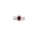 A modern Burmese ruby and diamond ring, claw set cushion shaped ruby, 7.76 x 6.36 x 4.35mm,