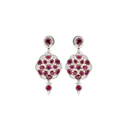 A pair of Burmese ruby and diamond ear pendants, each with a floral cluster of oval and round