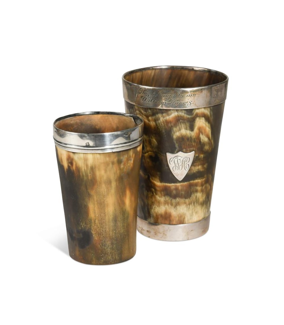 Two silver mounted horn beakers, the larger, mark of Charles Fox & Company Ltd., (Charles James (1 of 5)