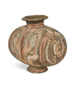 A Chinese painted pottery cocoon vase, probably Han Dynasty,: A Chinese painted pottery cocoon vase, probably Han Dynasty, with banded and scroll painted detail 28 x 32cm slight chips on rim. worn detail though good for age. old restoration.