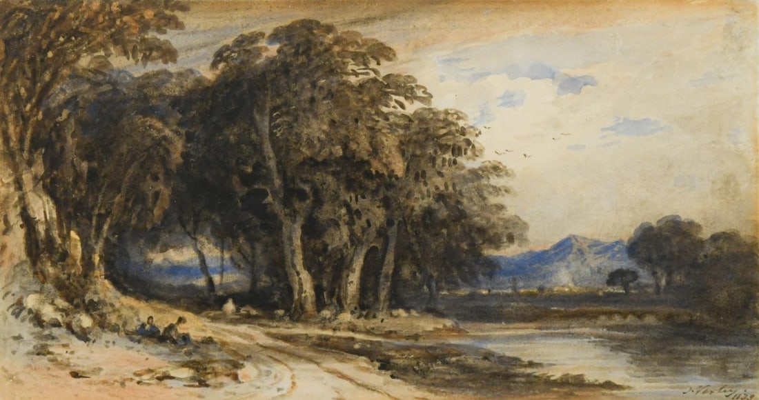 John Varley OWS (1778-1842): John Varley OWS (1778-1842) Figures resting in a Welsh landscape signed and dated 1839 lower right watercolour and bodycolour with gum arabic 14 x 27cm