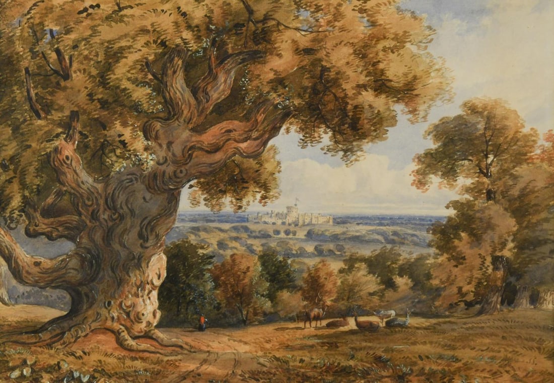 Circle of Robert Hills (1769-1844): Circle of Robert Hills (1769-1844) A figure on a track in Windsor Great Park with deer resting, Windsor Castle beyond possibly initialled 'S. S.' lower right watercolour 23 x 32.5cm Provenance: Privat