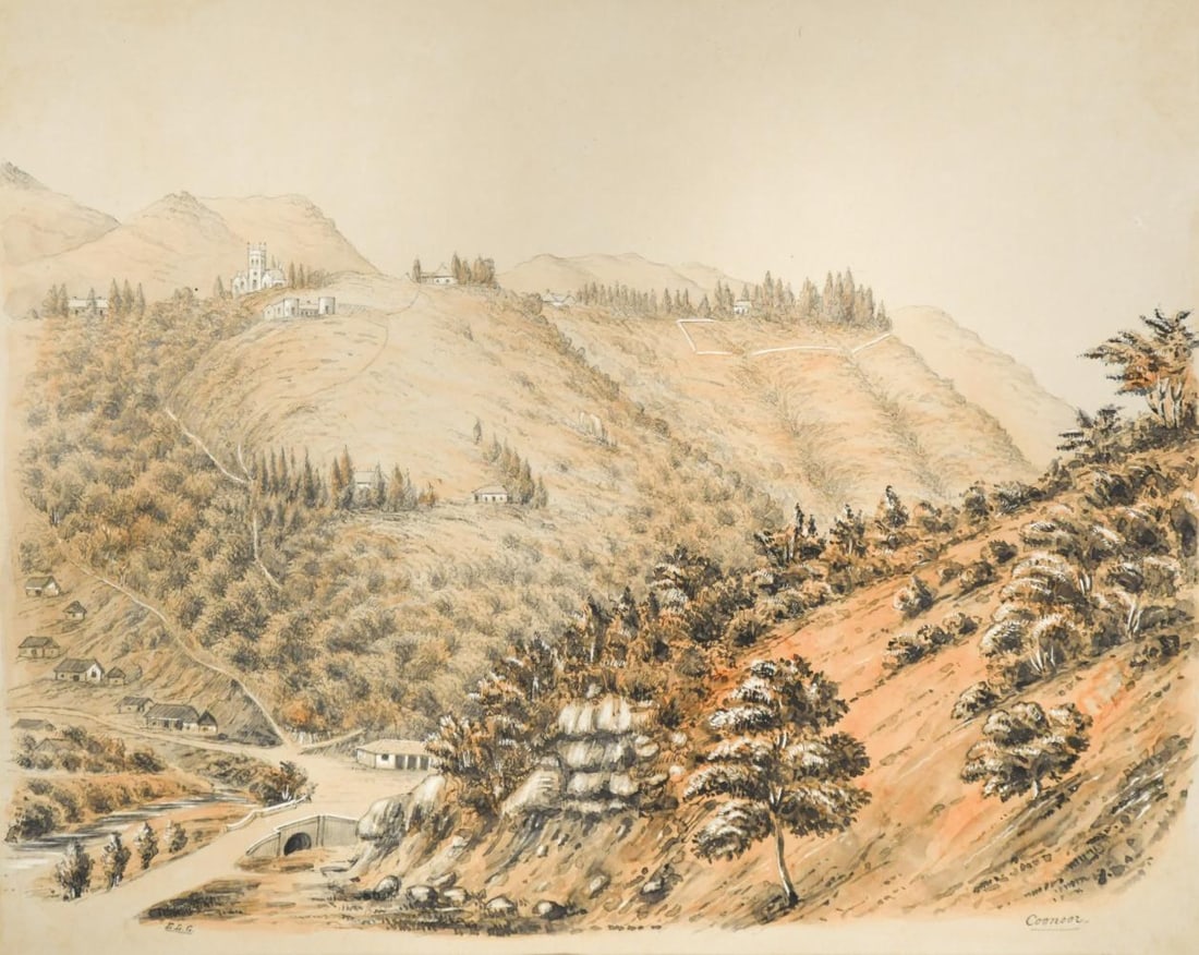 British Topographical School, 19th century: British Topographical School, 19th century Views of Coonoor and Ootacamund, India each signed with initials 'E. L. G.', the first inscribed 'Glenview Coonoor 1858', the second 'Mount Stuart' and dated