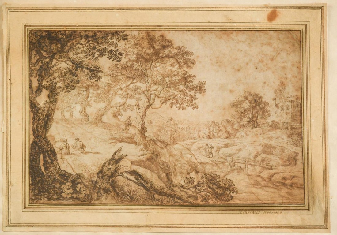 Follower of Annibale Carracci: Follower of Annibale Carracci Extensive wooded landscape with a bridge over a river, figures and a distant town bears initials 'AC' lower left, inscribed to mount 'A Carracci 1560-1609' pen and ink 20