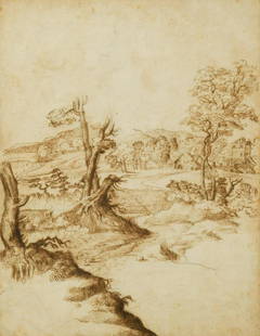 Attributed to Giovanni Francesco Grimaldi (1606-1680): Attributed to Giovanni Francesco Grimaldi (1606-1680) A river landscape with tree stumps and buildings beyond pen, ink and pencil 28 x 21.5cm Framed 47 x 39.5cm