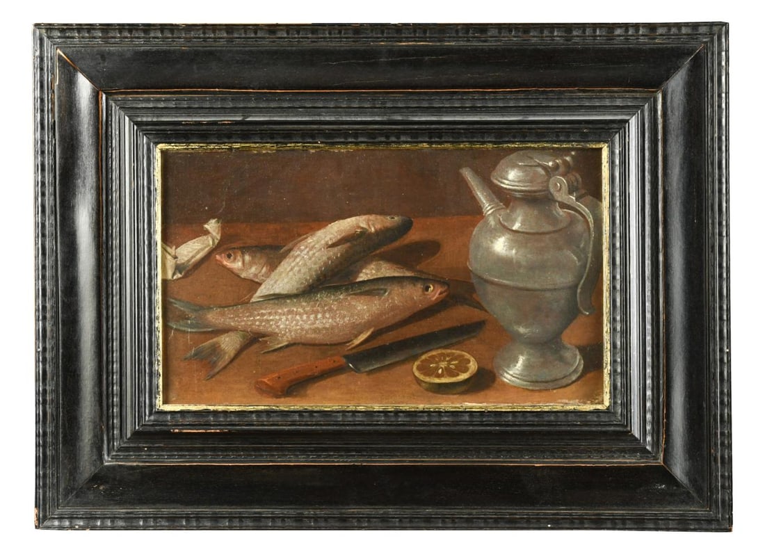 Follower of Pieter Claesz: Follower of Pieter Claesz Still life of mackerel beside a knife and pewter jug on a table oil on canvas 23.5 x 39.5cm