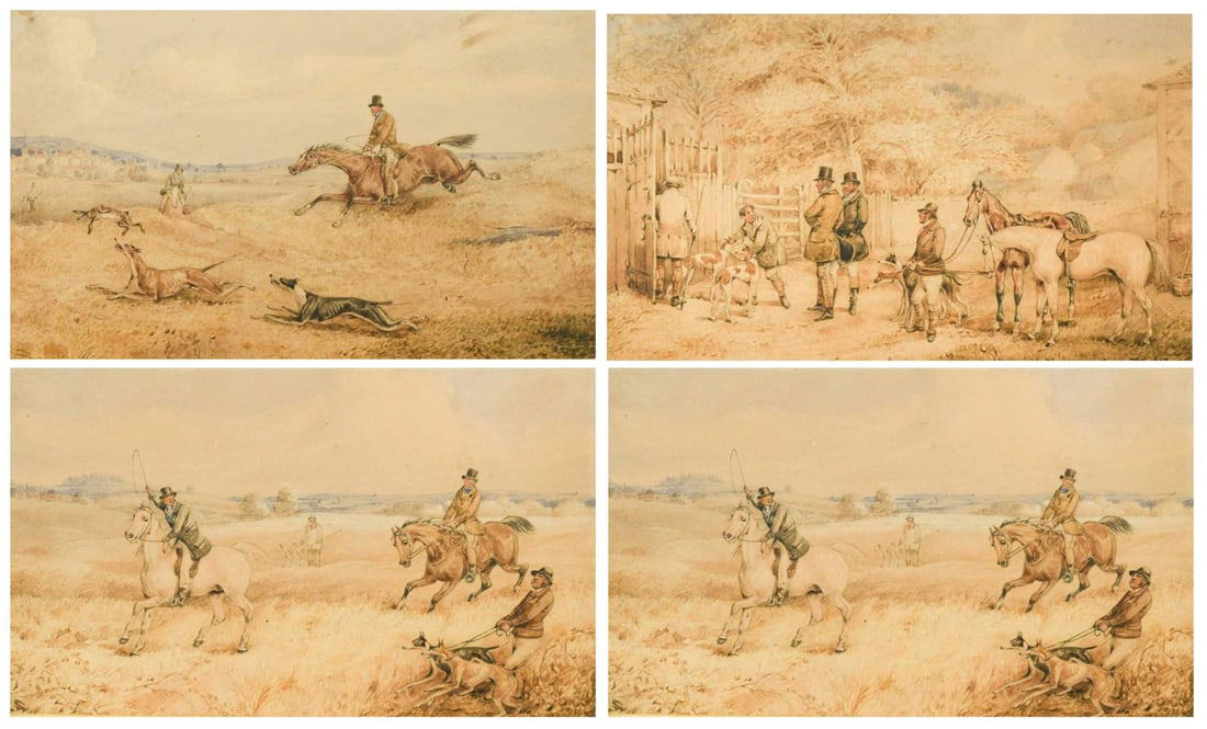 Circle of Henry Thomas Alken (1785-1851): Circle of Henry Thomas Alken (1785-1851) A set of four hare coursing scenes with greyhounds watercolour 11.5 x 19cm Framed 26 x 34cm