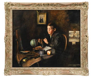 § Charles Spencelayh RMS HRBSA (1865-1958): § Charles Spencelayh RMS HRBSA (1865-1958) The Young Artist at Work signed and dated lower right 'CHARLES SPENCELAYH / 19(5?)6' oil on canvas 50 x 59cm Provenance: Sotheby's, 12 April 1989, lot 5