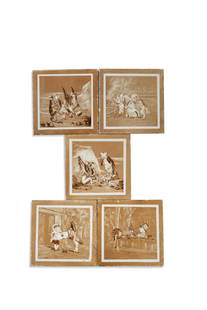 Minton, after Mary Evans, a set of five Alice in Wonderland tiles,: Minton, after Mary Evans, a set of five Alice in Wonderland tiles, hand-painted and etched, probably by Arthur B Frost, each signed and dated 'AB 1881' to the reverse 15 x 15cm