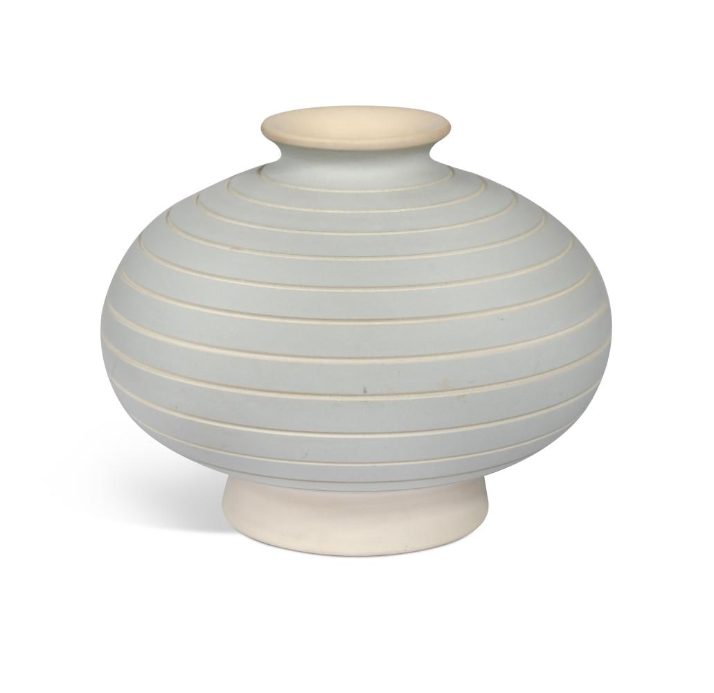 Keith Murray for Wedgwood, an unglazed compressed baluster vase,: Keith Murray for Wedgwood, an unglazed compressed baluster vase, decorated with incised horizontal bands and matt-painted in duck egg blue, printed and impressed marks to underside 16cm high