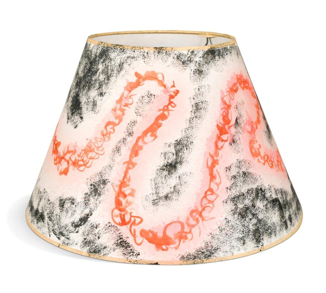 § Quentin Bell (1910-1996) for Fulham Pottery, a painted paper lampshade,: § Quentin Bell (1910-1996) for Fulham Pottery, a painted paper lampshade, decorated in pink and black with a continuous abstract motif, signed with initials to interior 27.5 x 41cm