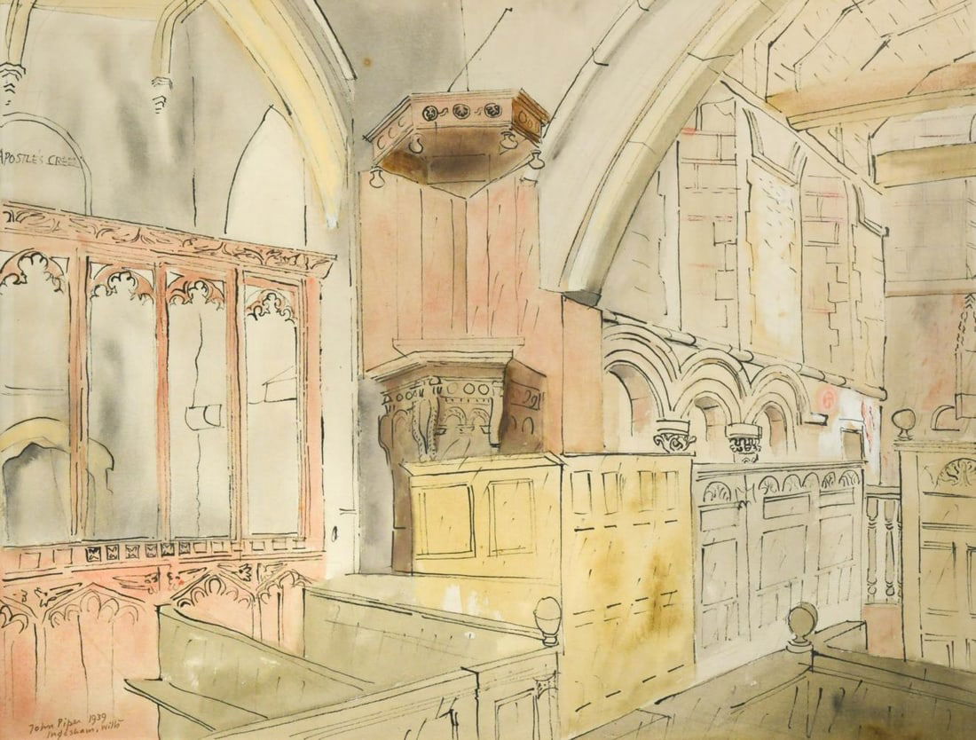 § John Piper OM, CH (1903-1992): § John Piper OM, CH (1903-1992) Interior of the Church of St. John the Baptist, Inglesham, Wiltshire signed and dated 'John Piper, 1939' (lower left) ink and watercolour 40 x 52.5cm Exhibited: Lo