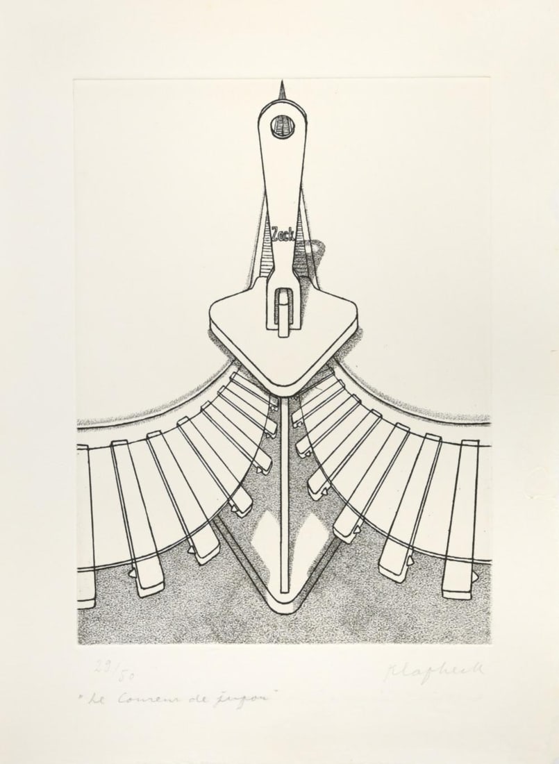 § Konrad Klapheck (1935-2023): § Konrad Klapheck (1935-2023) Die Selbstsichere, 1976 signed 'Klaphek' (lower right); numbered 33/40 etching, unframed 39 x 26.5cm; together with Der Schurzenjager signed 'Klapheck' (lower right)