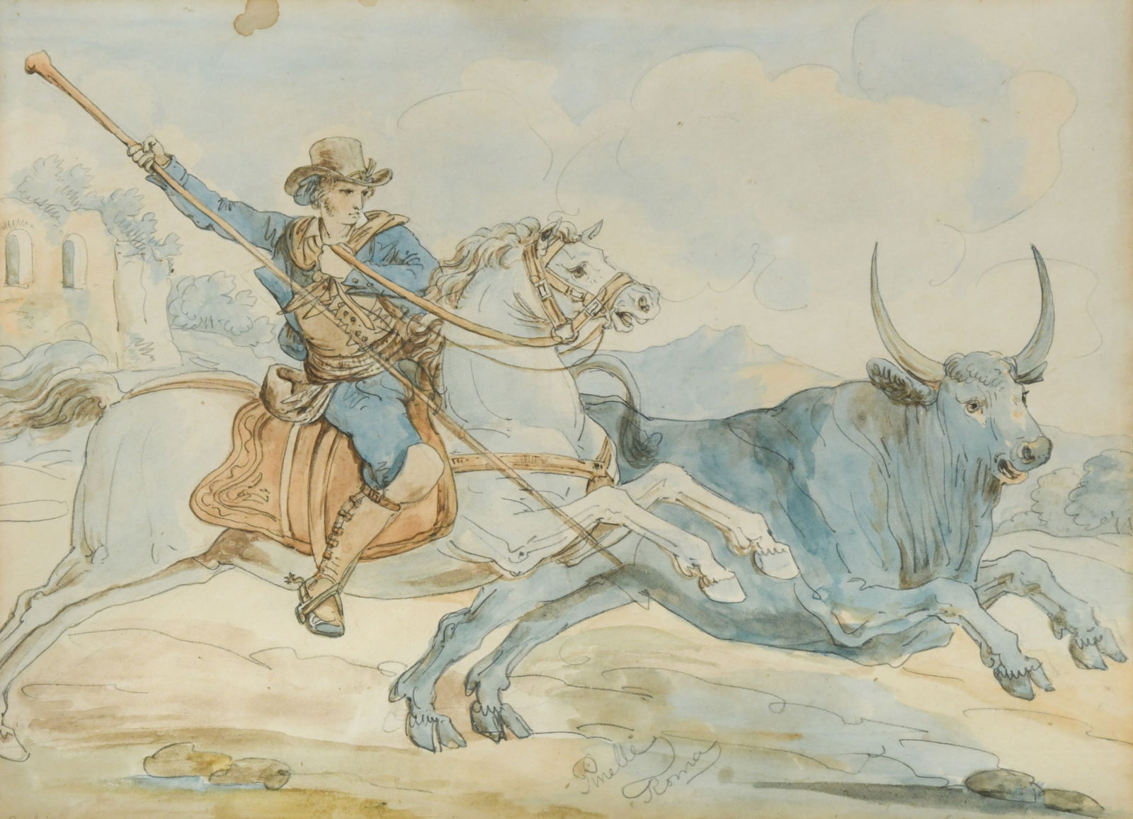 Bartolomeo Pinelli (1781-1835): Bartolomeo Pinelli (1781-1835) Five studies of Italian rural life four signed and inscribed 'Pinelli Roma', one unsigned watercolour and pencil 22 x 29cm