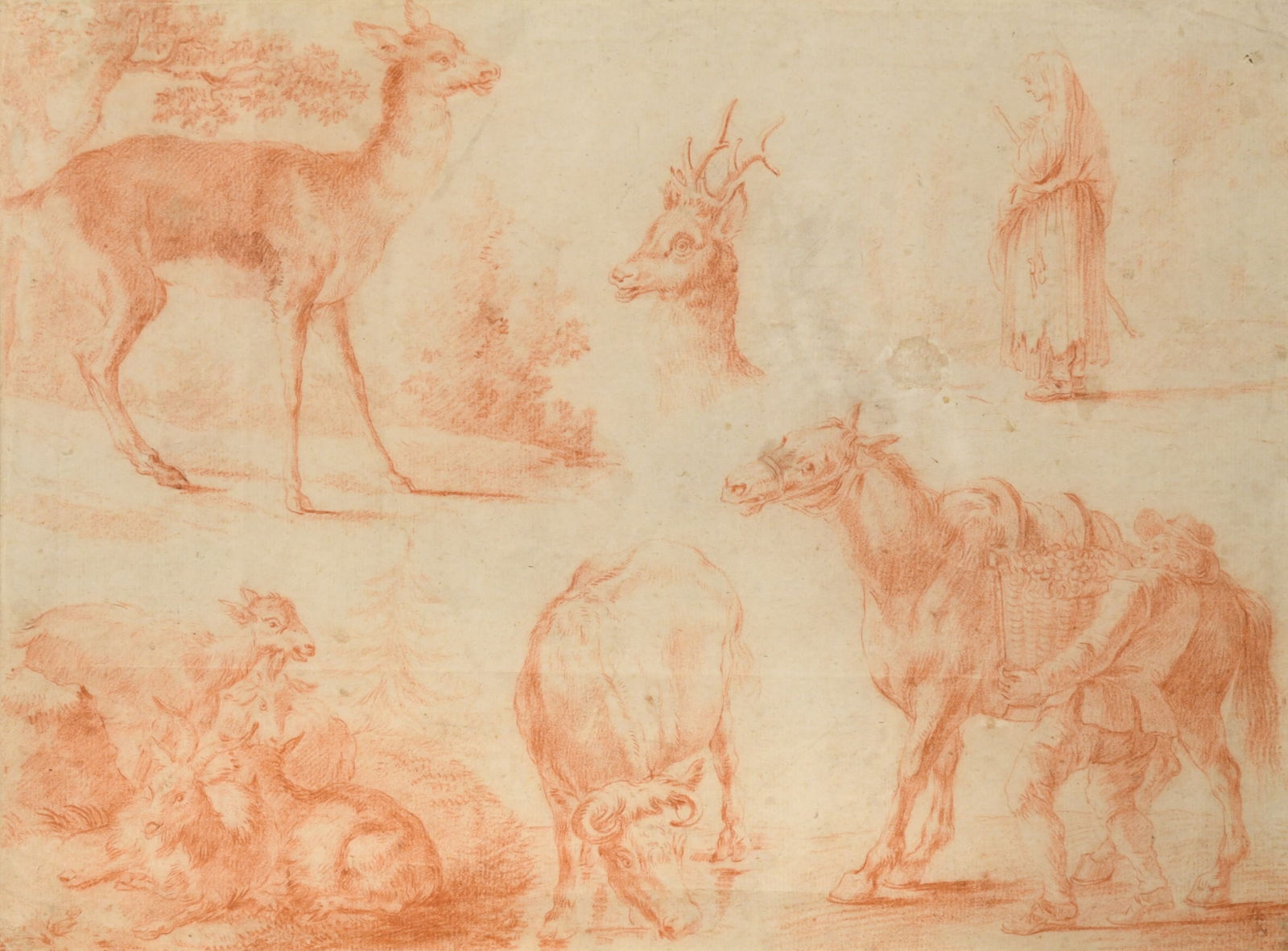 Manner of Johann Heinrich Roos: Manner of Johann Heinrich Roos Studies of animals and figures including deer and a man loading a pannier of grapes onto a pony red chalk on paper 22 x 30cm