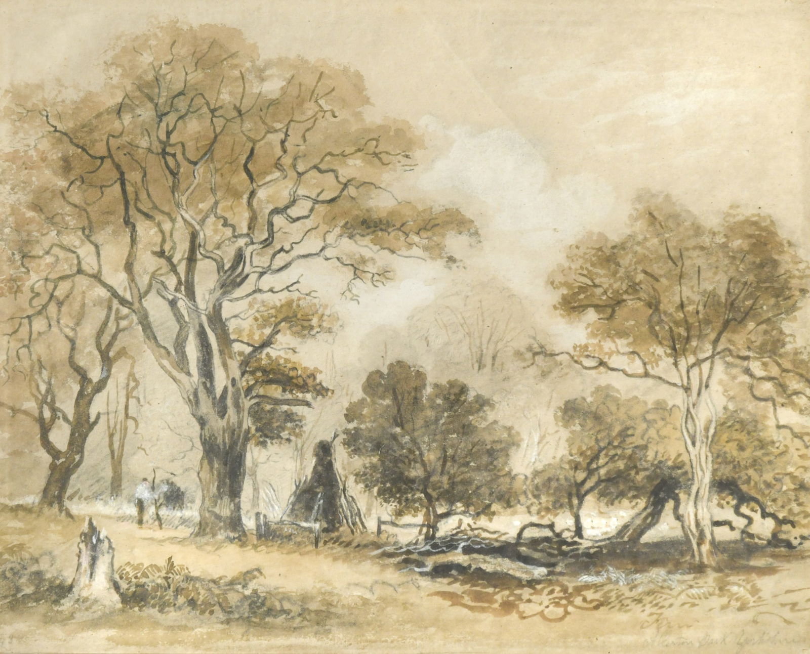 James Stark (1794-1859): James Stark (1794-1859) Charcoal Burning, Allerton Park, Yorkshire titled in pencil lower right watercolour 24 x 30cm Exhibited: Alpine Gallery, London, Early English Watercolours, No. 68 48 x 52cm fr