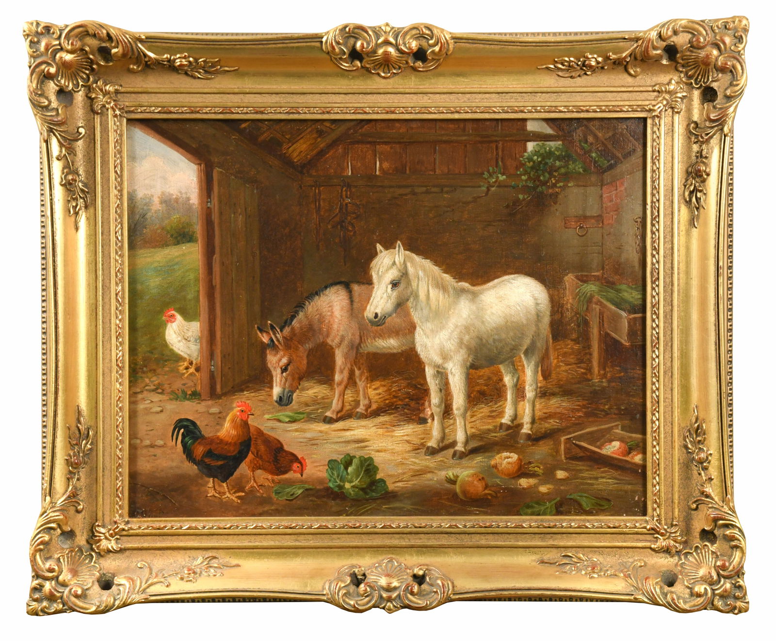 § Edgar Hunt (1876-1955): § Edgar Hunt (1876-1955) A pony, donkey and chickens in a stable interior signed lower right 'E Hunt' oil on canvas 34 x 44cm 47 x 60cm framed