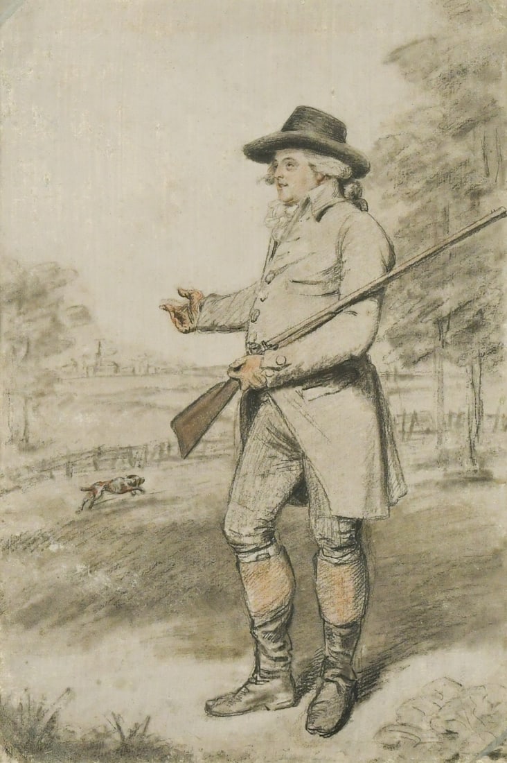 John Raphael Smith (1752-1812): John Raphael Smith (1752-1812) Study of a sportsman, holding his shotgun, his dog in parkland beyond black chalk on prepared paper 39 x 26cm Provenance: Spink, London Stylistically the present work re