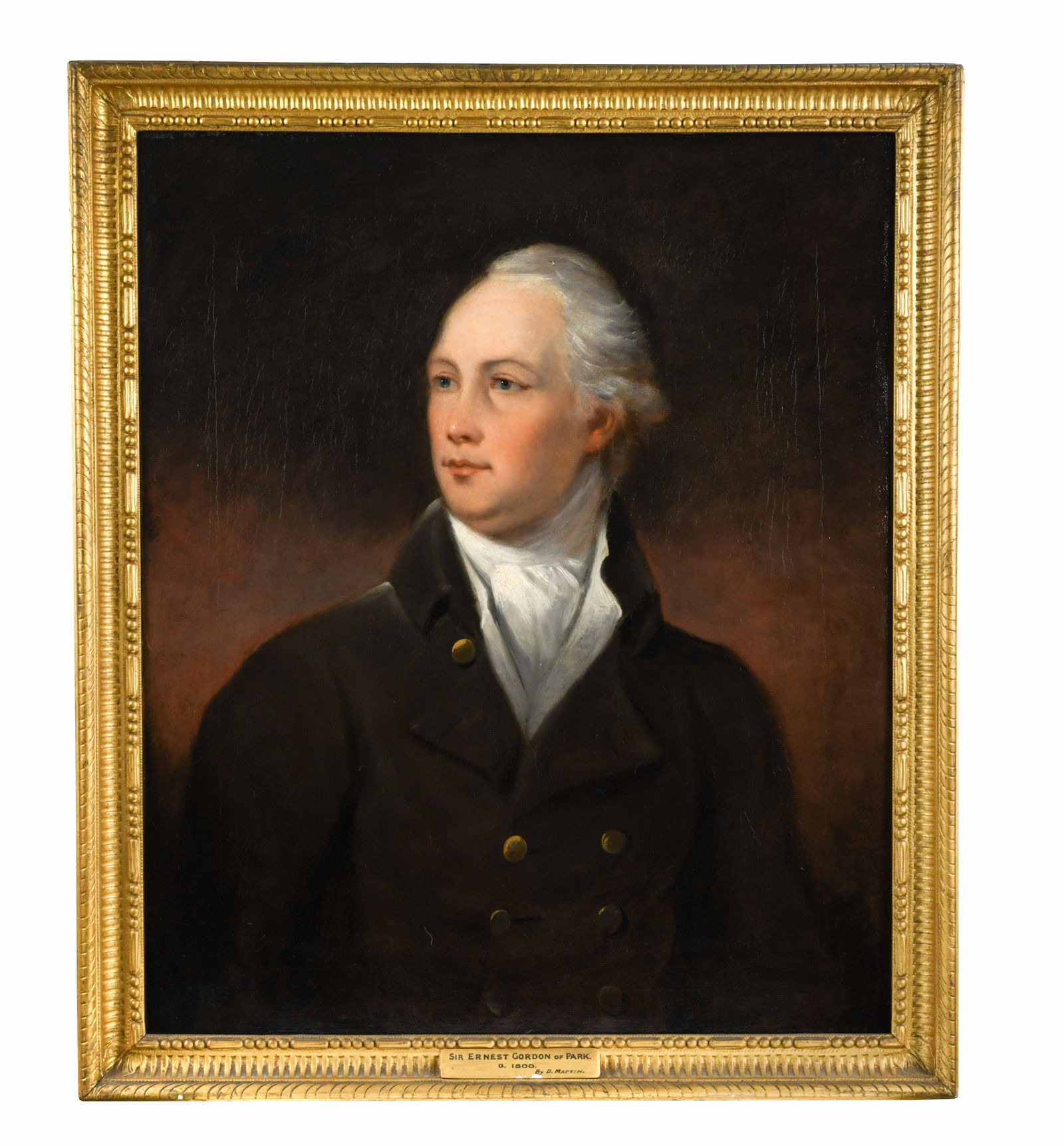 Attributed to David Martin (1737-1797): Attributed to David Martin (1737-1797) Portrait of Sir Ernest Gordon (1745-1800) in a double-breasted jacket inscribed 'Sir Ernest Gordon of Park' to label verso oil on canvas 74 x 62cm Sir Ernest Gor