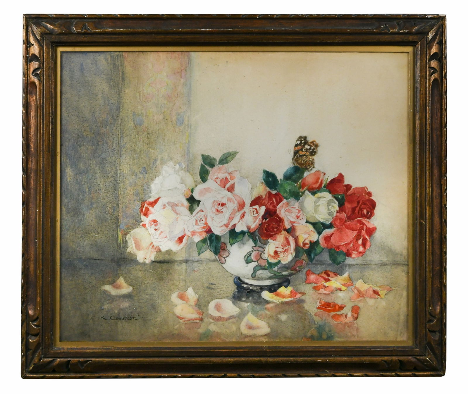 § Katharine Cameron RWS RE (1874-1965): § Katharine Cameron RWS RE (1874-1965) 'Autumn Rosebuds' signed lower left 'K Cameron', inscribed with title and artist's address on a Royal Scottish Society of Painters in Water-Colours label verso