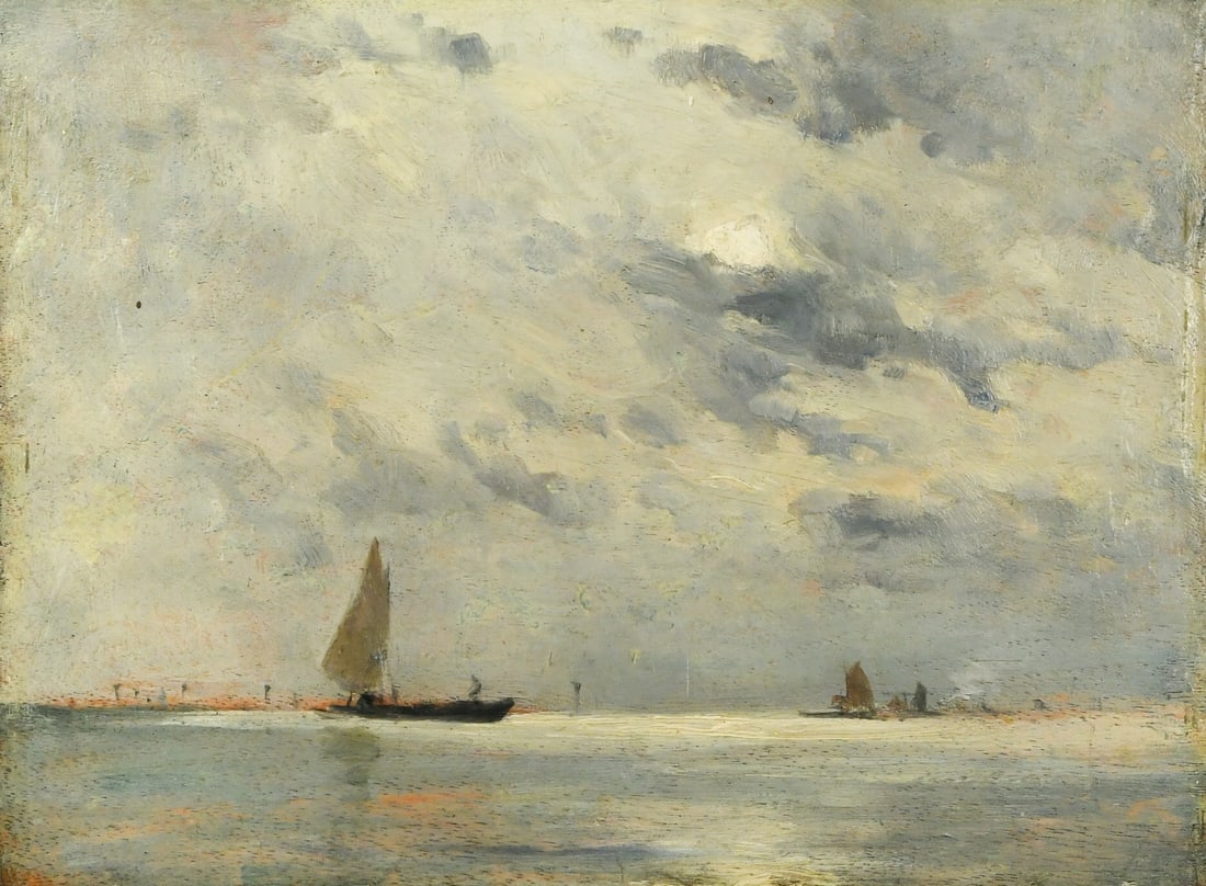 Follower of Eugène Boudin: Follower of Eugène Boudin Study of boats with a distant shoreline, possibly Venice, beyond oil on panel 18 x 23cm 24 x 29cm framed