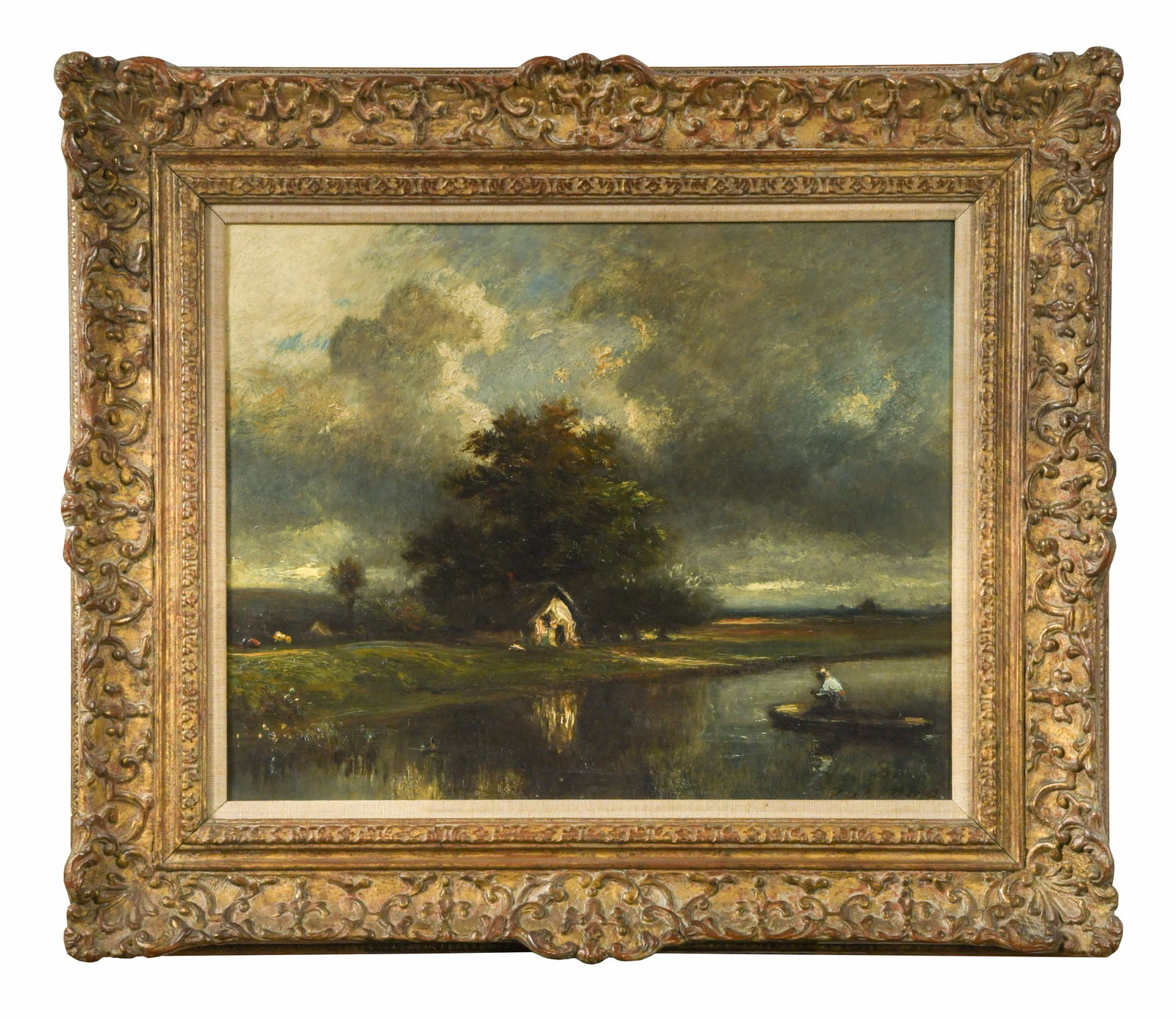 Jules Dupré (1811-1889): Jules Dupré (1811-1889) A river landscape with a figure in a boat signed lower right 'Jules Dupre' the reverse with stamp of Maison Alph Giroux, Paris oil on canvas 32 x 40cm 47 x 56cm framed