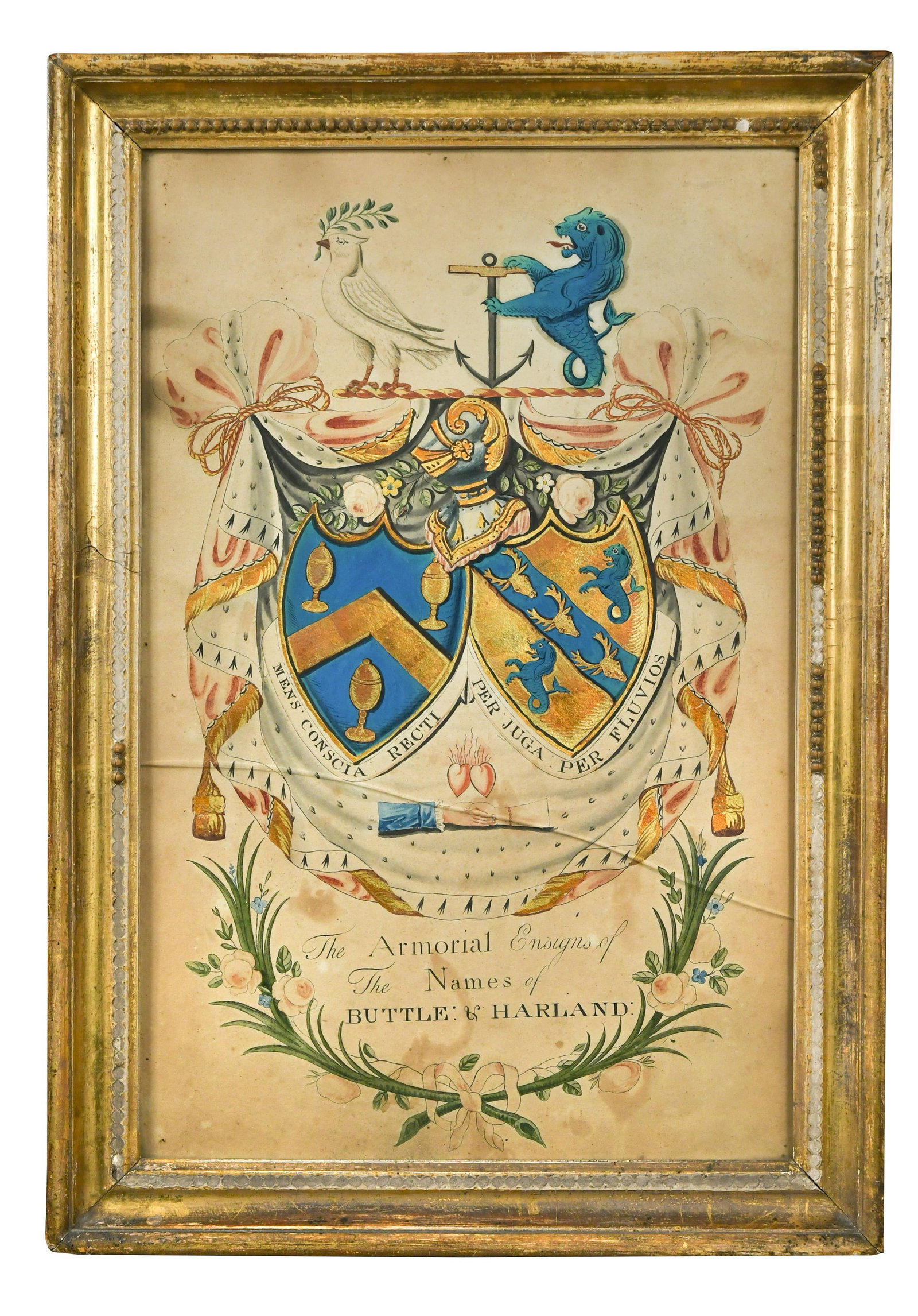 The Armorial Ensigns of the names Buttle & Harland, circa 1800-1830,: The Armorial Ensigns of the names Buttle & Harland, circa 1800-1830, hand illuminated, enriched in gilt, within original frame with extensive inscription verso 43cm x 28cm Glass cracked