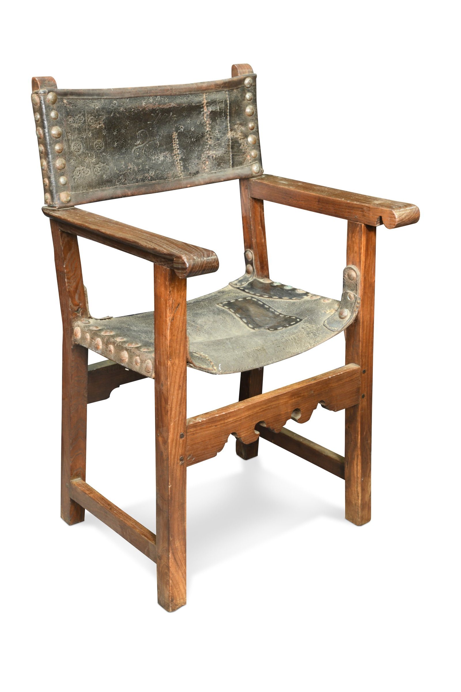 A Spanish chestnut armchair, 17th century,: A Spanish chestnut armchair, 17th century, with wide arms and original leather seat (with repairs) 102 x 62 x 58 cm
