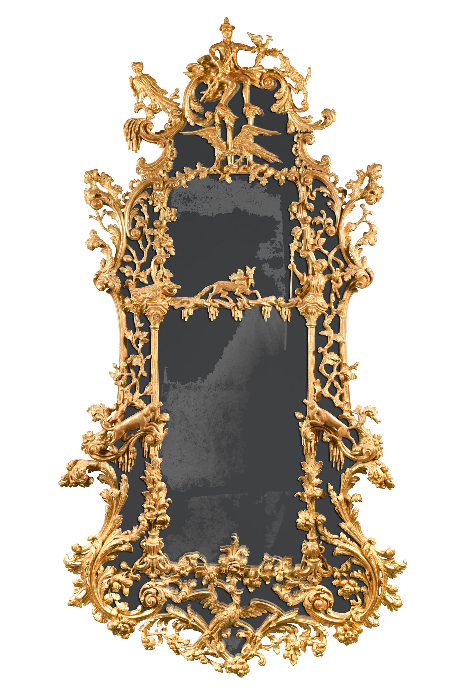 An important carved and giltwood mirror, designed by Thomas Johnson, circa 1760,: An important carved and giltwood mirror, designed by Thomas Johnson, circa 1760, the cresting carved with a seated man holding an eagle and flanked by an owl and a dog, the upper section with a fox wi