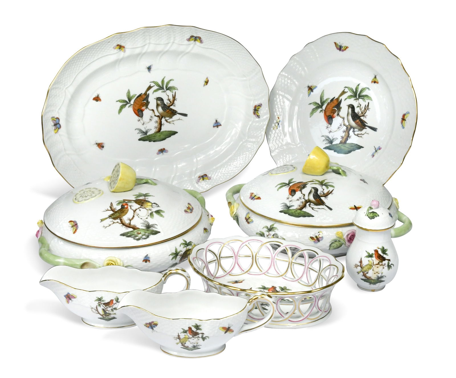 A Herend Rothschild pattern dinner service for six,: A Herend Rothschild pattern dinner service for six, comprising dinner plates, dessert plates, soup bowls, side plates, sifter, two serving bowls, two gravy boats and stands, an oval serving dish and a