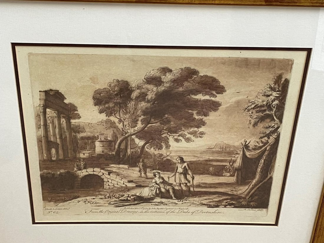 Richard Earlom after Claude Le Lorrain,: Richard Earlom after Claude Le Lorrain, four sepia mezzotints with etching, published 1774 by John Boydell, plates 2, 35, 54 and 64 from the Liber Veritatis of Claude Lorrain, gilt framed, 45 x 52cm (