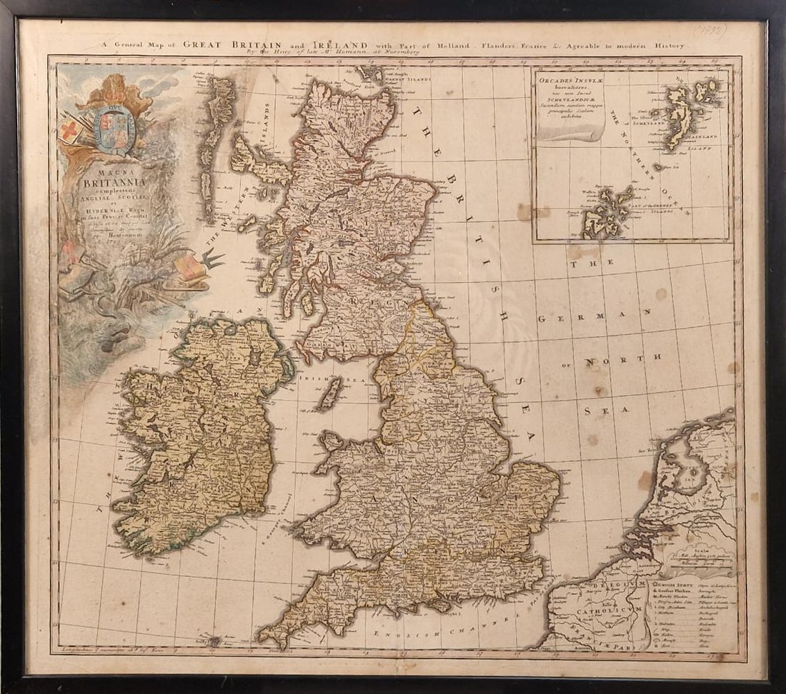 J B Homann: J B Homann A General Map of Great Britain and Ireland, with Part of Holland.., hand coloured engraving, circa 1750, 52 x 60cm (visible)