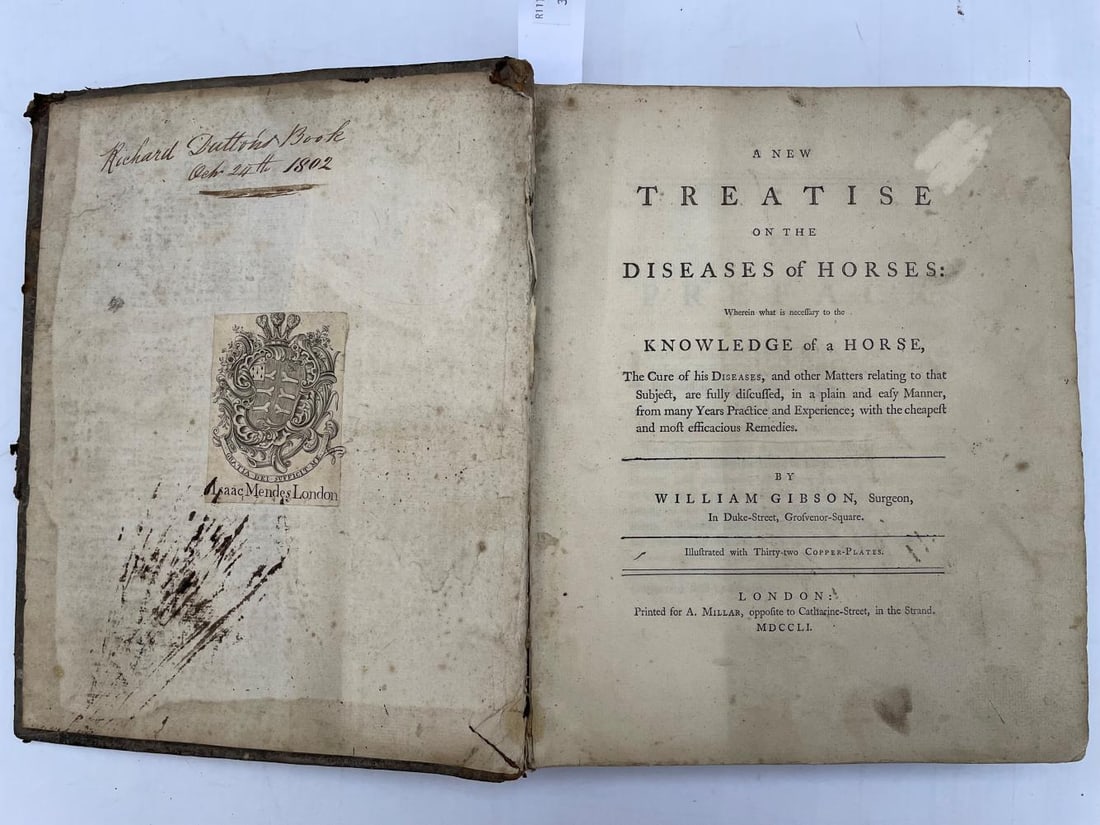 GIBSON (William) A New Treatise on the Diseases of Horses, 1751, 4to, with 31 (of 32) plates, lacks: GIBSON (William) A New Treatise on the Diseases of Horses, 1751, 4to, with 31 (of 32) plates, lacks frontis, age staining, damaged original binding