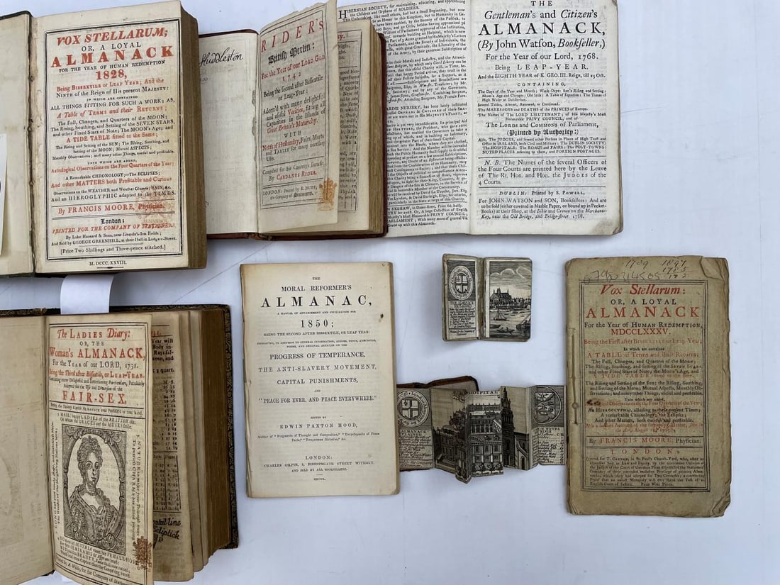 Almanacs.: Almanacs. Bound collection of 13 parts for 1731, 12mo, printed in red and black, morocco gilt, all edges gilt; RIDER (C) British Merlin for 1742, 12mo, including lists of Officers, red morocco gilt; M