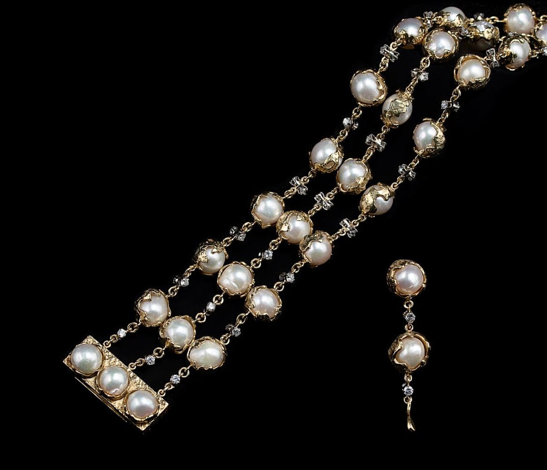 Charles de Temple - A pearl and diamond 'Wrapped' bracelet, together with a matching single earring, (1 of 4)