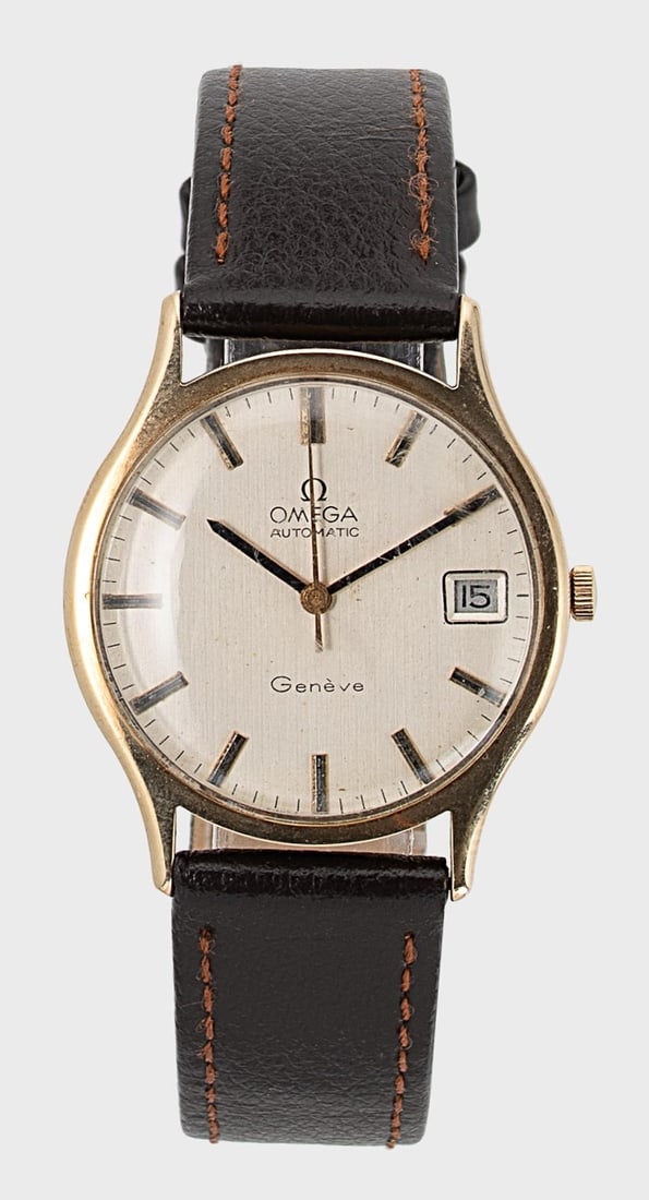 Omega - A 9ct gold wristwatch,: Omega - A 9ct gold wristwatch, circa 1974, model 1061, circular silvered dial with black and gold coloured batons and hands, centre sweep and date window at 3H, signed mechanical automatic movement, c