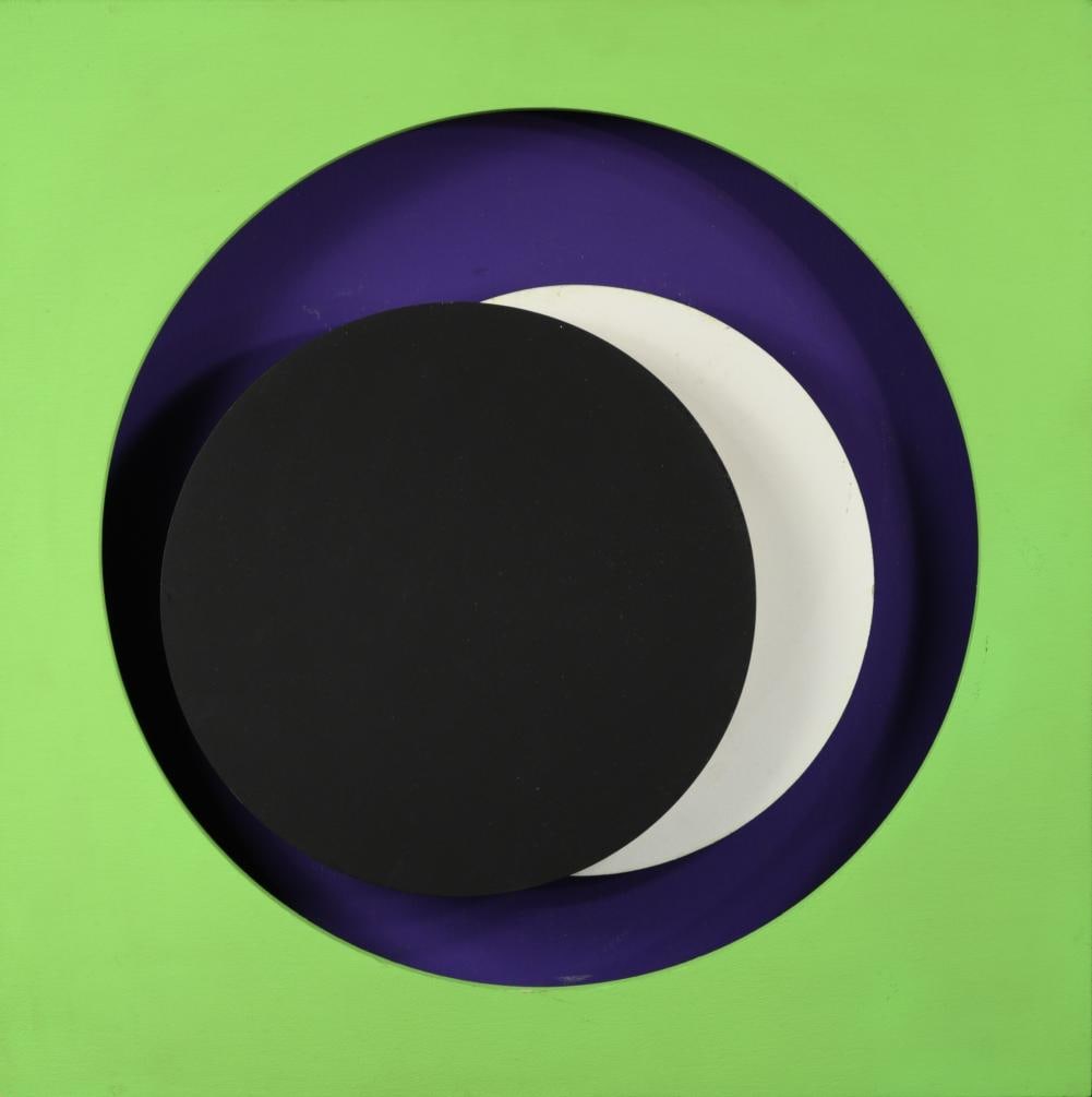§ Geneviève Claisse (French, 1935–2018), Rotacteur Vert, 1971,: § Geneviève Claisse (French, 1935–2018), Rotacteur Vert, 1971, mixed media, published by Editions Denise René, Paris, signed label verso and numbered 38/50, with original plywood crate 40 x 40cm